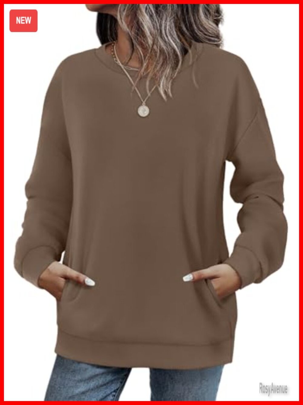 Crewneck Sweatshirt with Pockets Long Sleeve Drop Shoulder Pullover